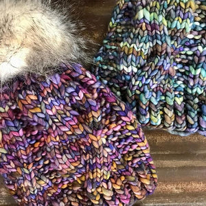Super bulky Malabrigo knit hats beanies by Unraveled Handknits, luxury merino hand dyed wool yarn